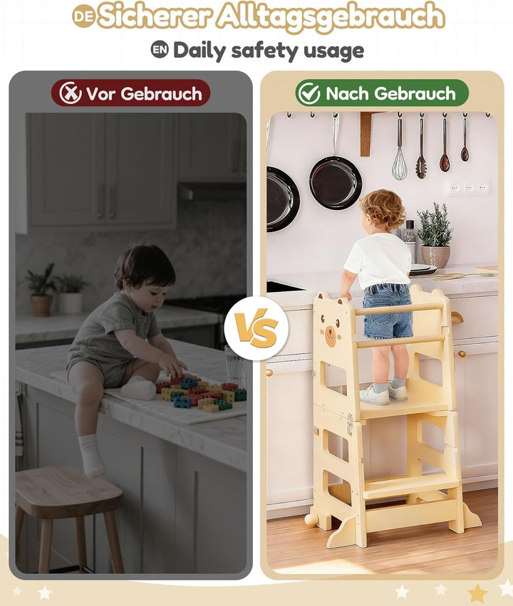 Yorbay Lernturm ab 1 Jahr Klappbar: 2 in 1 Montessori Learning Tower für Kinder mit Tafel - Tritthoc