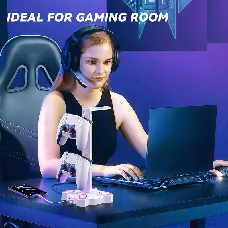 RGB Kopfhörer Halter, KDD Headset Halterung Drehbar mit 9 Lichtmodi, Controller Halter mit 2 USB Ans