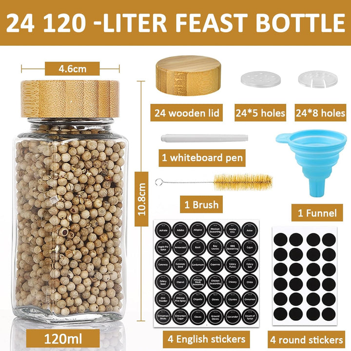 Gewürzgläser 24 Stück Set mit Gewürzetiketten,Quadratische 120 ml Gewürzdosen mit Trichter,Streueins