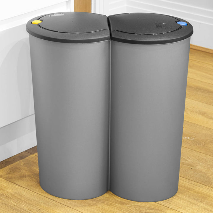 URBNLIVING Runder Duo Recycling-Abfalleimer, 2x25L, Grau, Kunststoff, Mülltrennung in der Küche