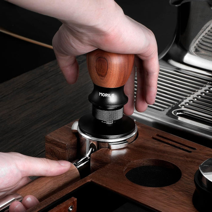 MORILS Kaffee Tamper 53.3mm, Nussholz Espresso Tamper, einstellbare Tiefe, Edelstahl Basis Tamper Pa