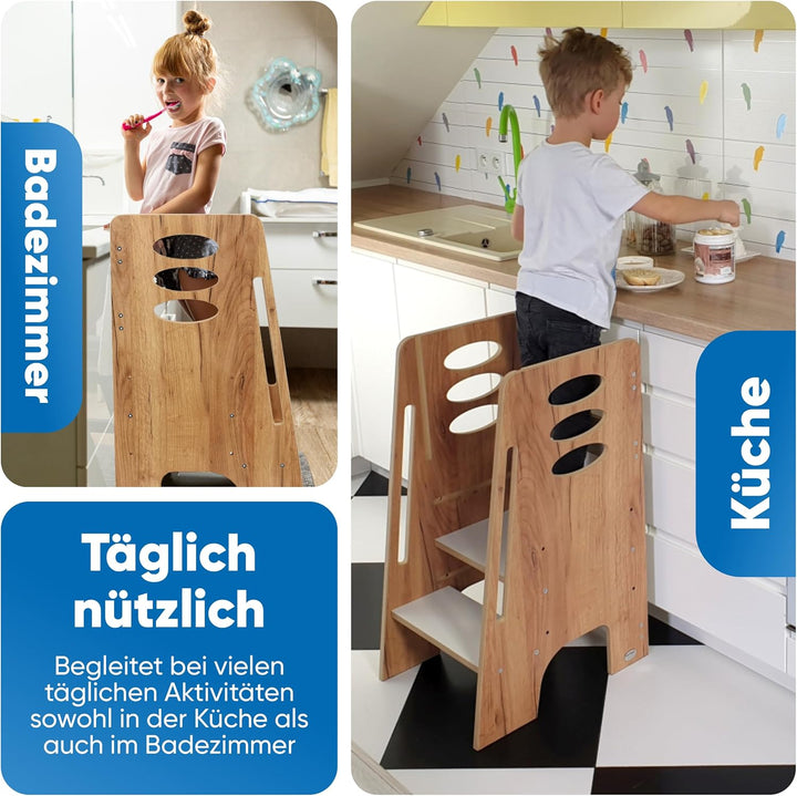 Kitchen Kids Helper Lernturm ab 1 Jahr - Höhenverstellbarer Lernturm Montessori Eiche-Weiss 80cm - S