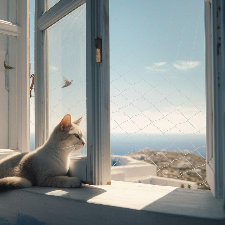 FinoPet Katzennetz für Balkon 8x3 Meter transparent inklusive Befestigungsmaterial, Katzenschutznetz