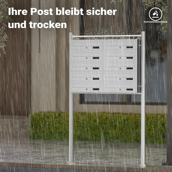 Wiltec 10er Briefkastenanlage weiss 945 x 270 x 1500 mm, Standbriefkasten mit 2x5 Fächern, Schlüssel