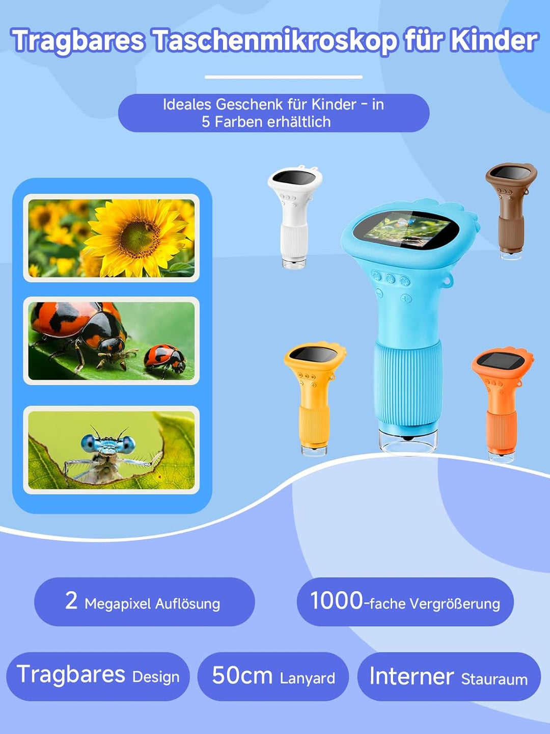 Mikroskop für Kinder, Digitales Taschenmikroskop mit 2,0" IPS-Bildschirm Lupe 200x Vergrösserung, 8