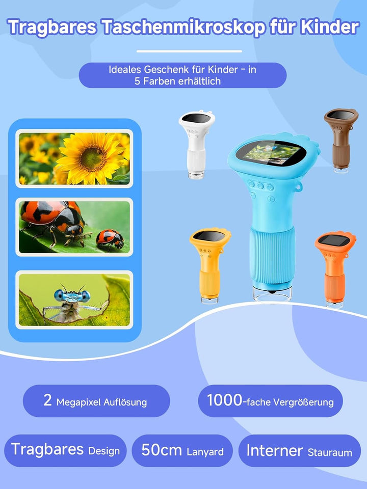 Mikroskop für Kinder, Digitales Taschenmikroskop mit 2,0" IPS-Bildschirm Lupe 200x Vergrösserung, 8