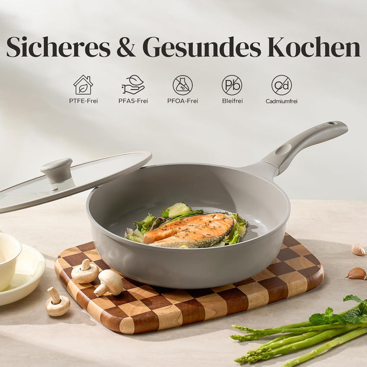 Redchef Keramik Schmorpfanne 28cm mit Deckel Hoher Rand, Antihaft Bratpfanne Induktion, Sauté Pfanne