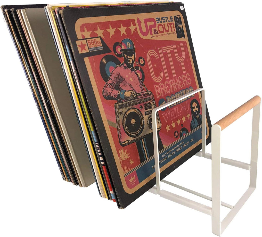 7even Schallplatten Ständer Vinyl Halter für LPs, Maxis 12" in weiss und Holz Optik XL ca. 35 cm lan