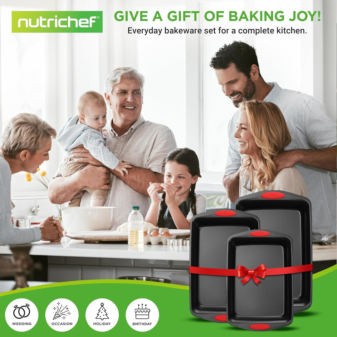 NutriChef 3-Piece Baking Pan Set - PFOA, PFOS, PTFE Free Flexible Nonstick Black Coating Carbon Stee