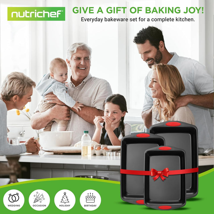 NutriChef 3-Piece Baking Pan Set - PFOA, PFOS, PTFE Free Flexible Nonstick Black Coating Carbon Stee