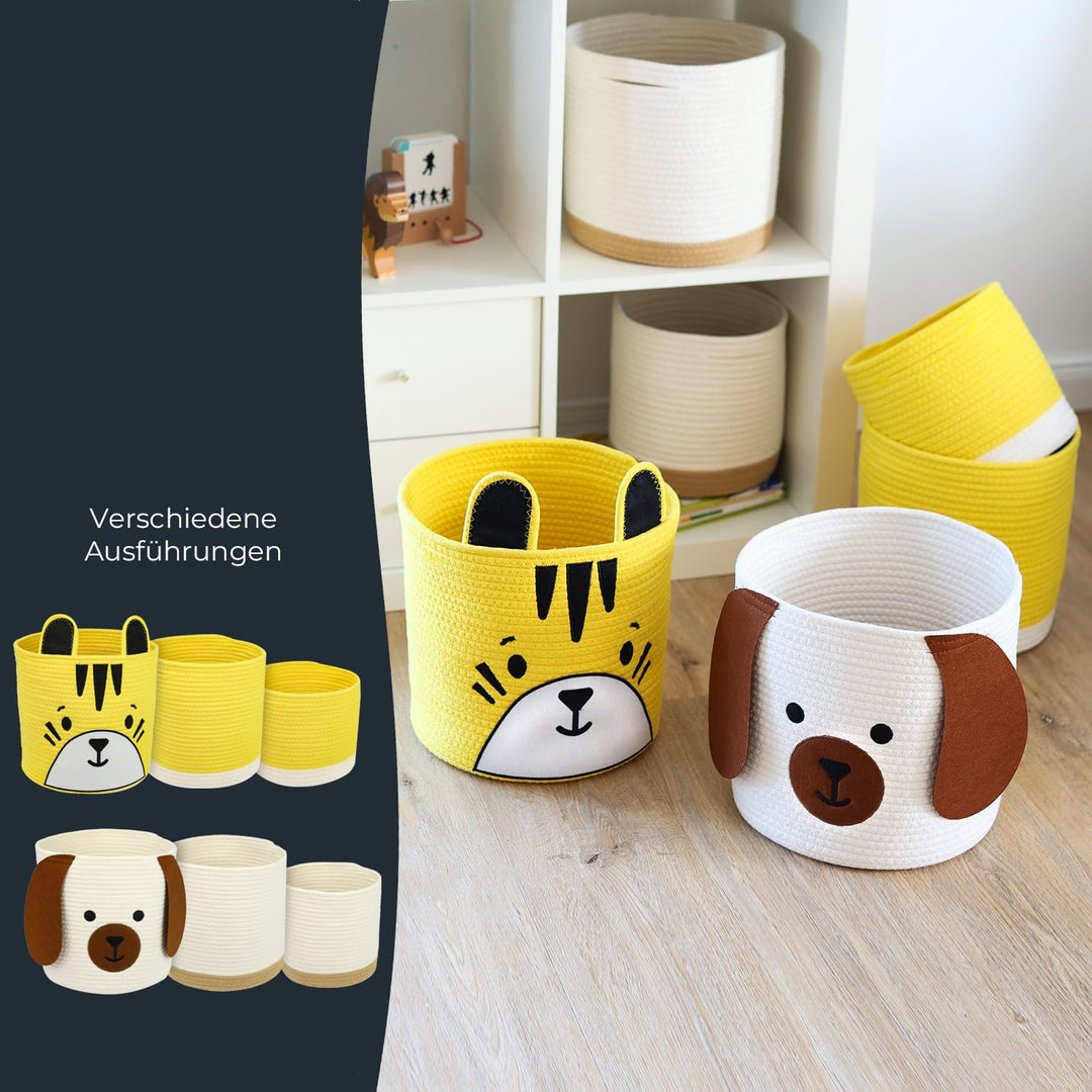 HMF Aufbewahrungskorb mit versteckten Griffen, 3er Set, Korb für Kinderzimmer aus Baumwolle | Tiger