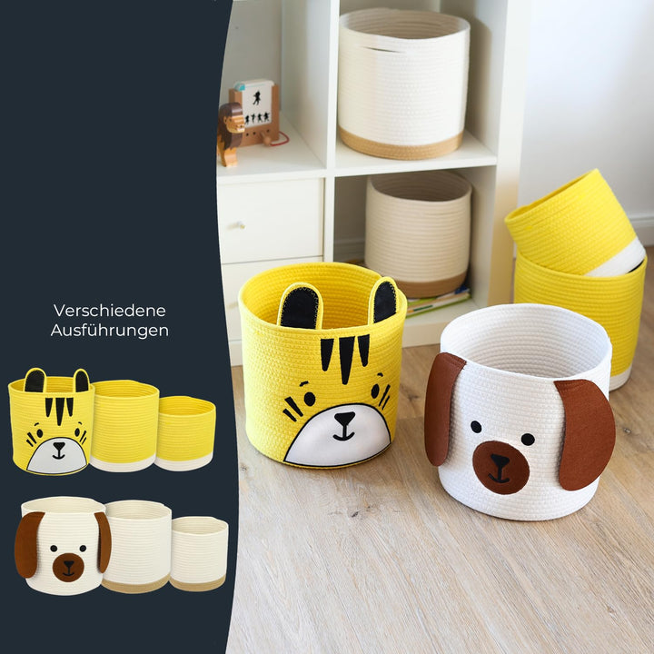 HMF Aufbewahrungskorb mit versteckten Griffen, 3er Set, Korb für Kinderzimmer aus Baumwolle | Tiger