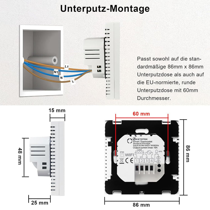 KETOTEK Smart Thermostat Fussbodenheizung Elektrisch WiFi 16A Alexa Google Assistant Kompatibel, Dig