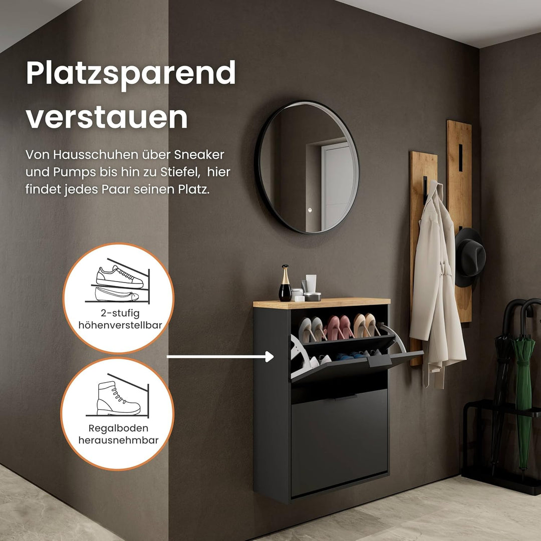 Planetmöbel Schuhschrank schmal inkl. runder Spiegel mit Beleuchtung 60 cm (3 Lichtstufen) Schuhkomm