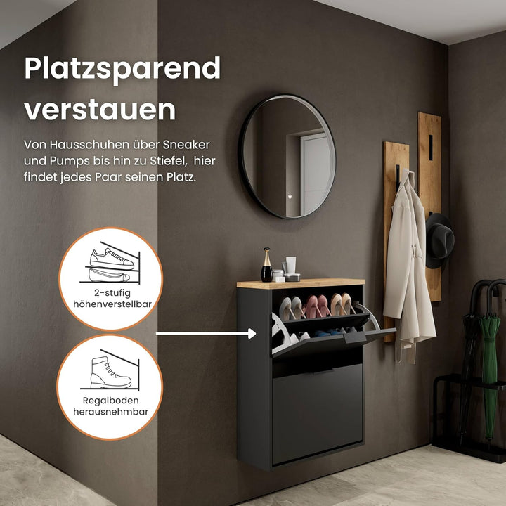 Planetmöbel Schuhschrank schmal inkl. runder Spiegel mit Beleuchtung 60 cm (3 Lichtstufen) Schuhkomm
