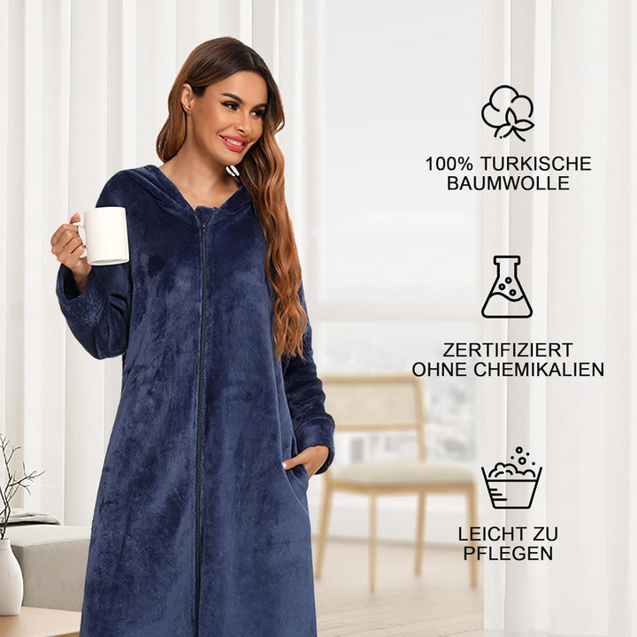 Bademantel Damen und Herren mit Reissverschluss und Kapuze langer Bademantel Fronttaschen Saunamante