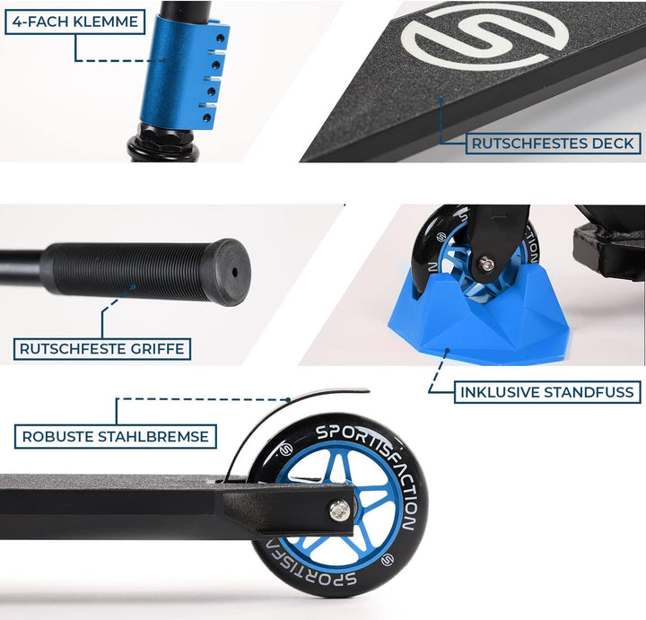Sportisfaction Stuntscooter | Robustes Design für Tricks &amp; Stunts | ABEC11 Kugellager | 100kg Belast