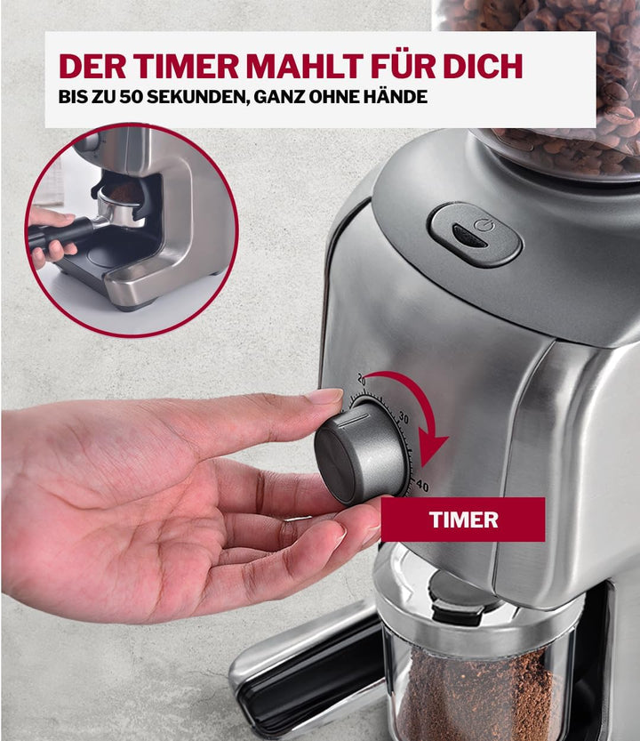 Turmix elektrische Kaffeemühle TX 190 – Kaffeemühle mit Kegelmahlwerk, 16 Stufen, 400 g Bohnenbehält