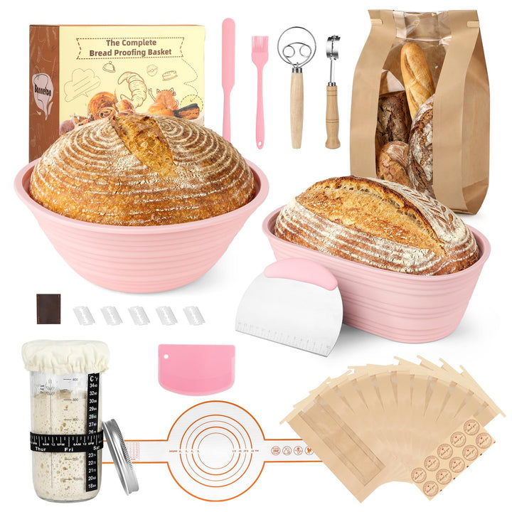 Sauerteig Starter Set mit Gärkörbchen(runde 23cm & ovale 25cm), Brot Backen Zubehör Komplettset, 650