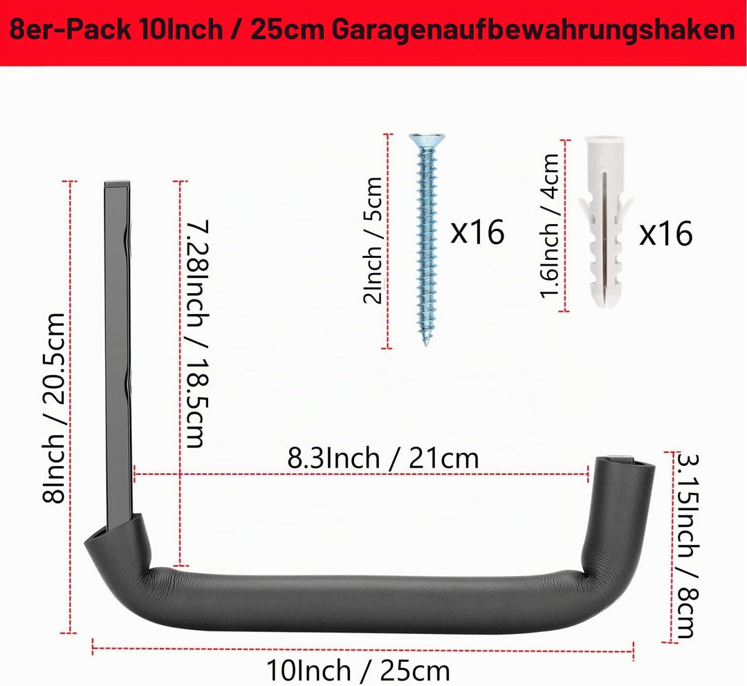 8 Stück Garagen-Aufbewahrungshaken, 25,4 cm, robuste Leiter-Aufhänger, schwere Wandmontage, Allzweck