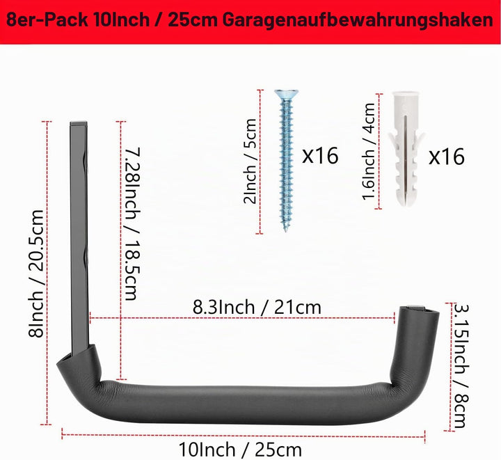 8 Stück Garagen-Aufbewahrungshaken, 25,4 cm, robuste Leiter-Aufhänger, schwere Wandmontage, Allzweck