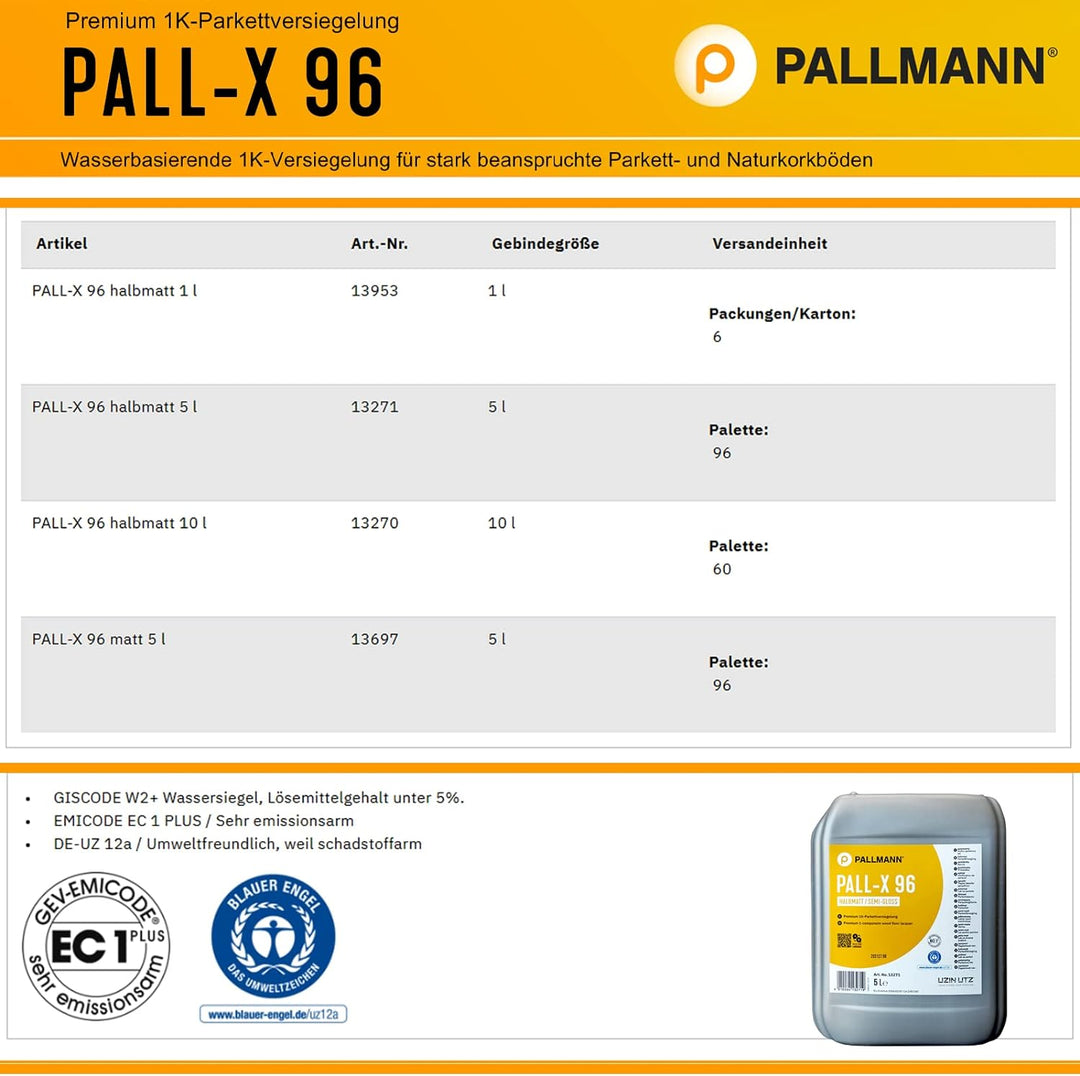 Pallmann Pall-X 96 5L halbmatt 1K-Parkettversiegelung, vers. Grössen und Glanzgrad, für Wohn- und Ge