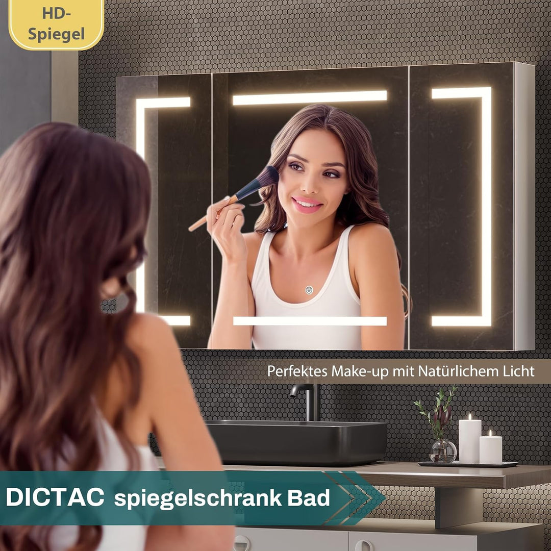DICTAC Spiegelschrank Bad mit LED Beleuchtung und Steckdose 100x60x13.5 cm Metall Bad Spiegelschrank