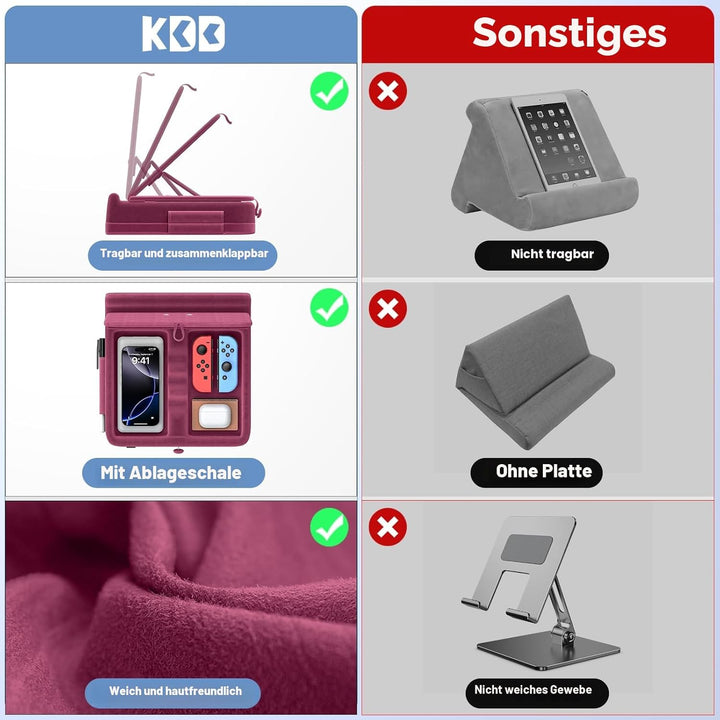KDD Tablet Halter Kissen mit Aufbewahrung, Faltbarer iPad Kissen, einstellbar Tablet Kissenhalter mi