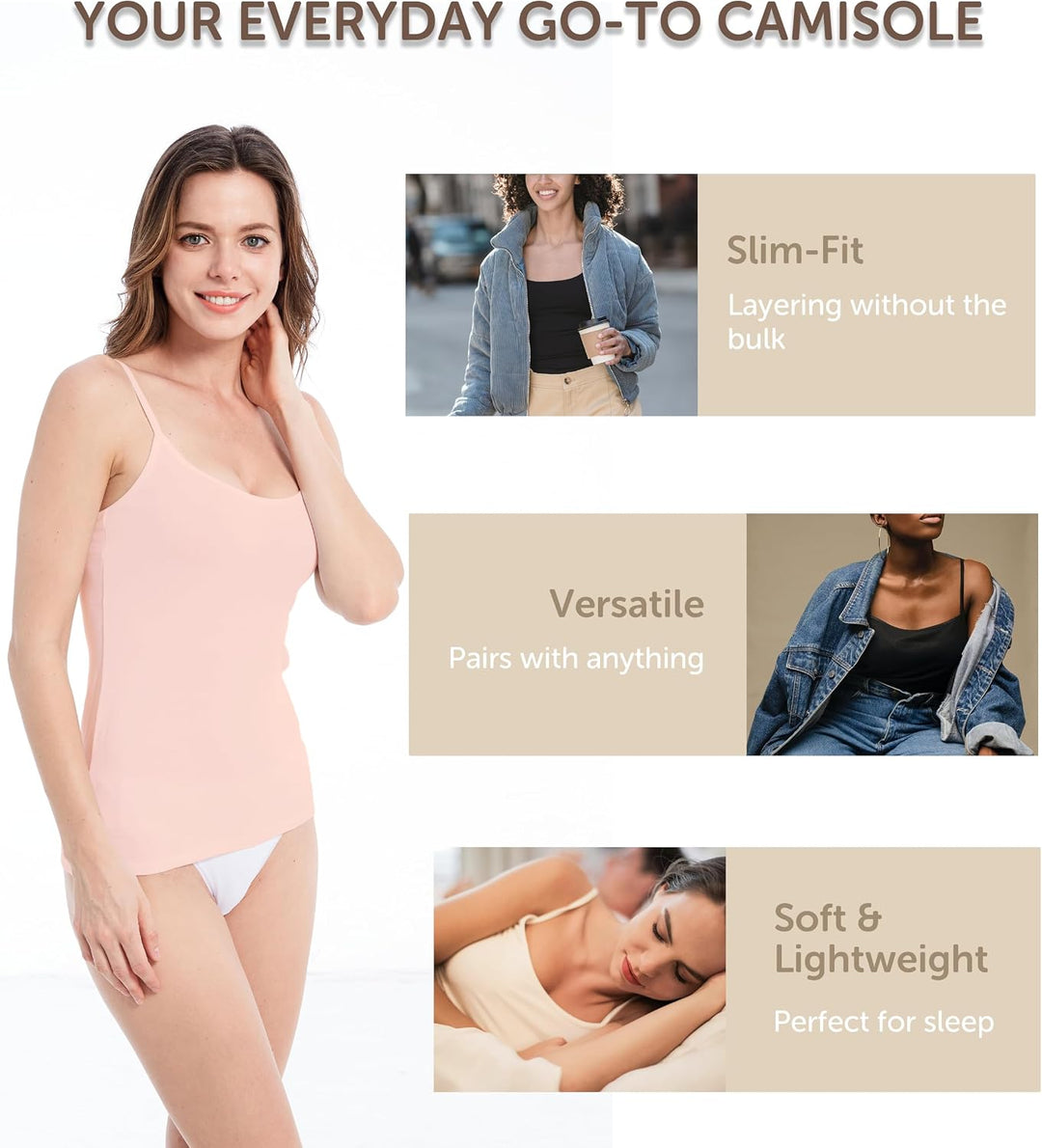 Comfneat Damen 4-Pack Spaghetti Tops Slim-Fit Verstellbare Träger Camisole Baumwolle Elasthan Unterh