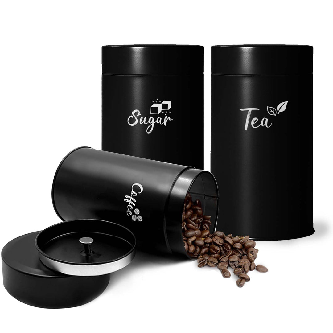 Daily Treasures 3er-Set Schwarze Teedosen mit Doppelverschluss, Aromadichte Edelstahl-Behälter für K