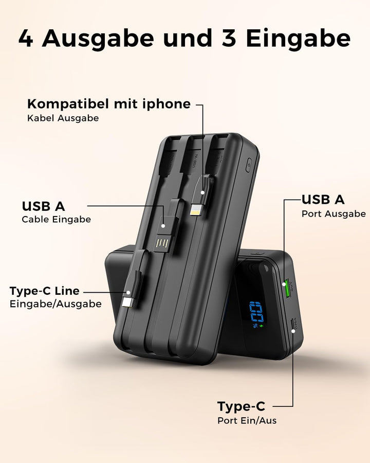 Power Bank 27000mAh, Powerbank PD 20W Schnellladen mit Integriertem USB-C Kabel, 4 Ausgänge & 3 Eing