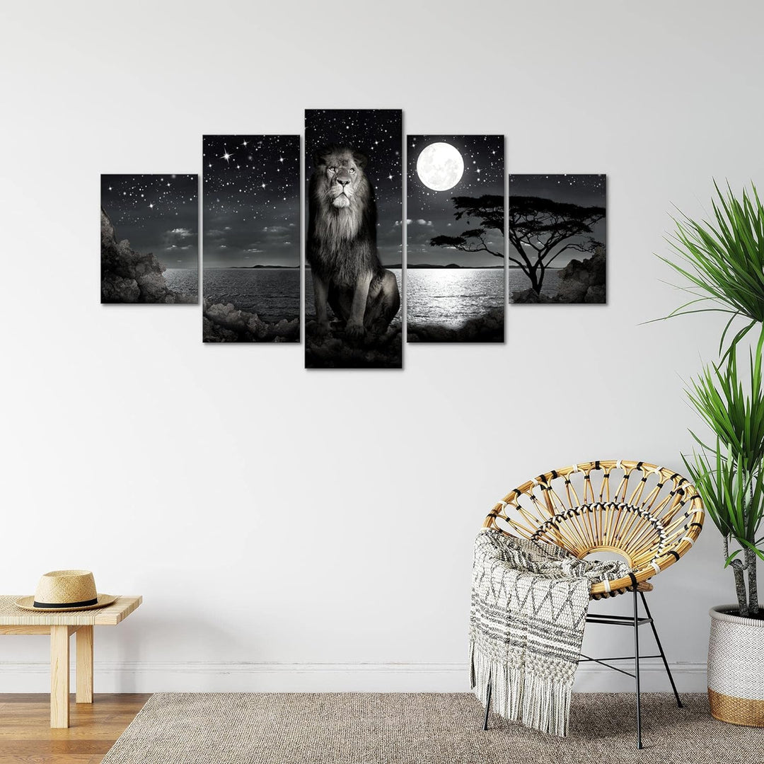 Runa Art Bild Wohnzimmer Schlafzimmer Afrika Löwe 5 Teilig Savanne Schwarz Weiss Wandbilder auf Vlie