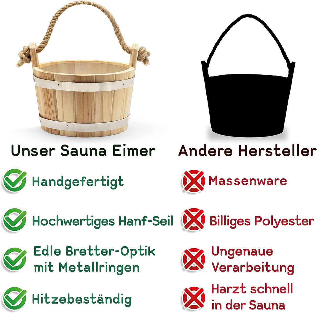 CozyNature® Sauna Eimer mit Kelle aus hochwertigem finnischen Kiefern-Holz | edle Metallringe - kräf