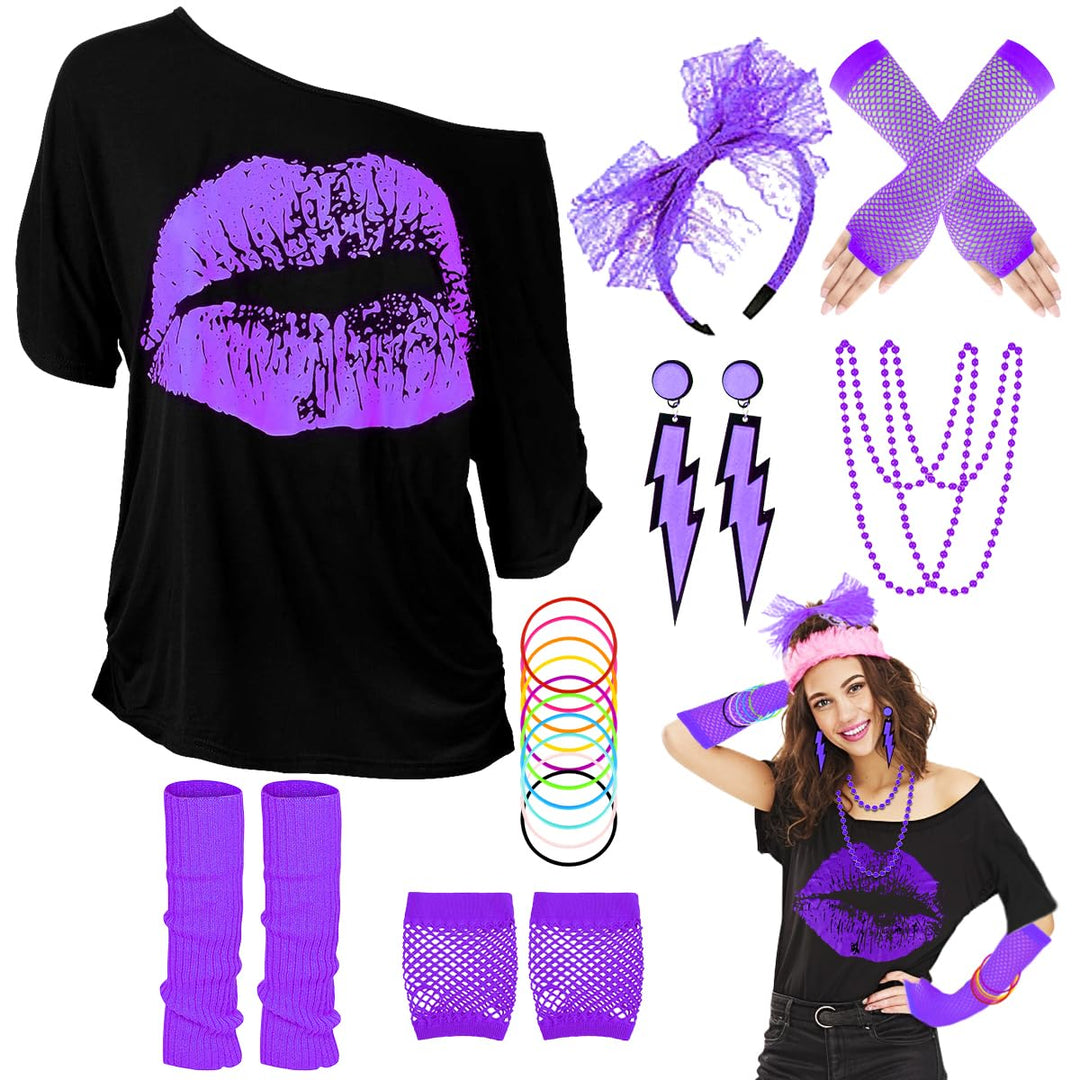 WILDPARTY 80er 90er Jahre Outfit Damen, T-Shirt, Beinwärmer, Stirnband, Ohrring, Halskette, Netzhand