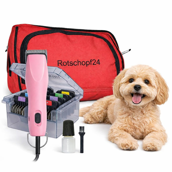 Rotschopf24 Edition mit Tasche: KM2 Hunde Schermaschine pink+ 8 Metallaufsätze (3-25mm). 45 Watt Pow