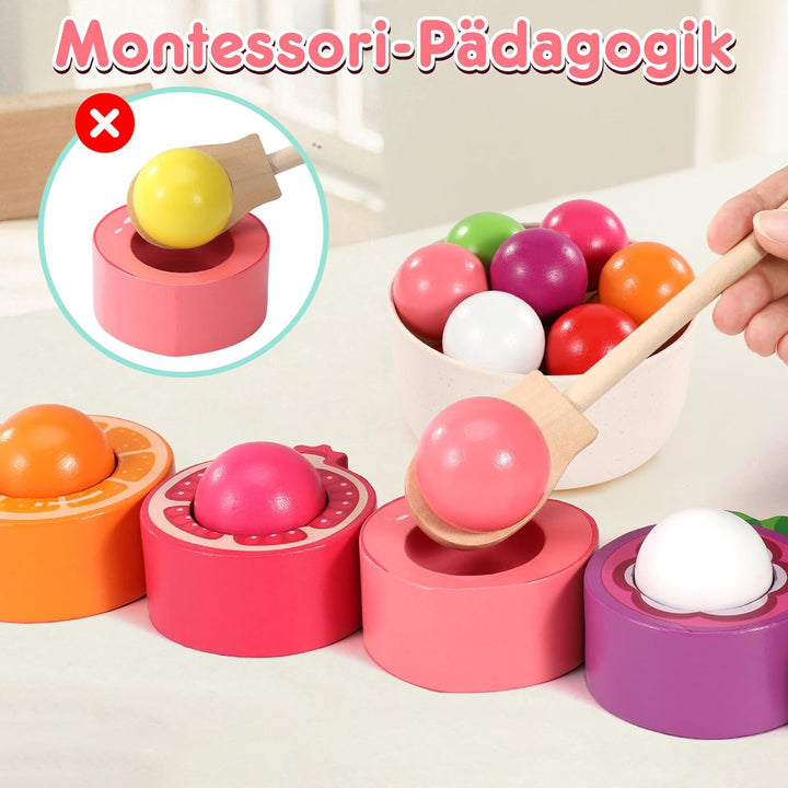 Montessori Spielzeug ab 1 2 3 Jahr, Baby Motorikspielzeug Obst Holzspielzeug für Farbsortierung und