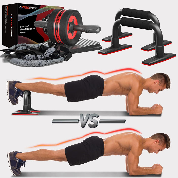 EnterSports Bauchroller, 6-in-1 Bauchtrainer mit Fitnessband, Liegestütze, Kniematte, Fitness Geräte