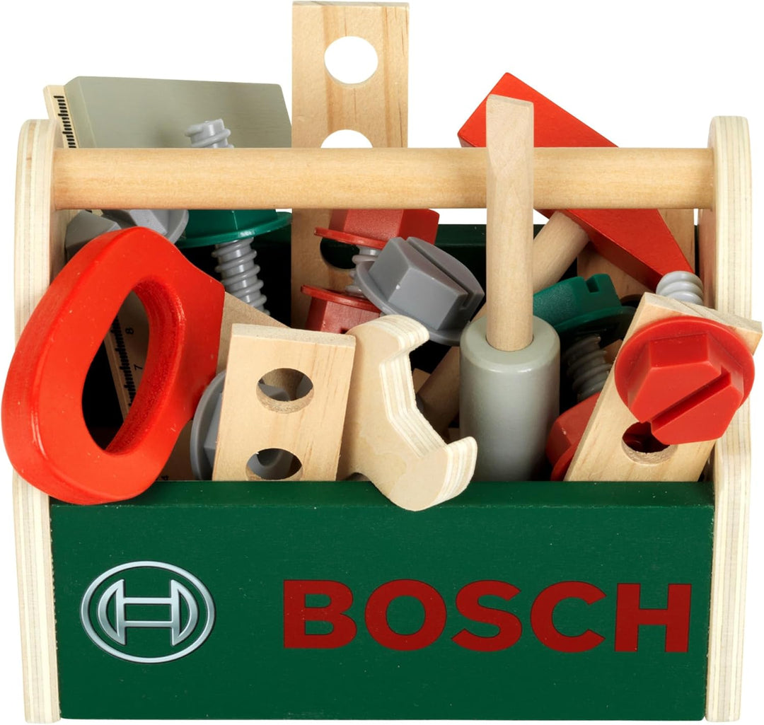 Theo Klein 8161 Bosch Werkzeug-Box aus Holz I Stabile Box mit praktischem Tragegriff I Inkl. Werkzeu
