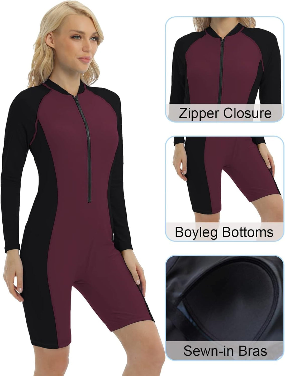 Halcurt Damen Langarm Badeanzug mit BH Rash Guard UPF 50+ Reissverschluss Schwimmshirt Surf UV Shirt