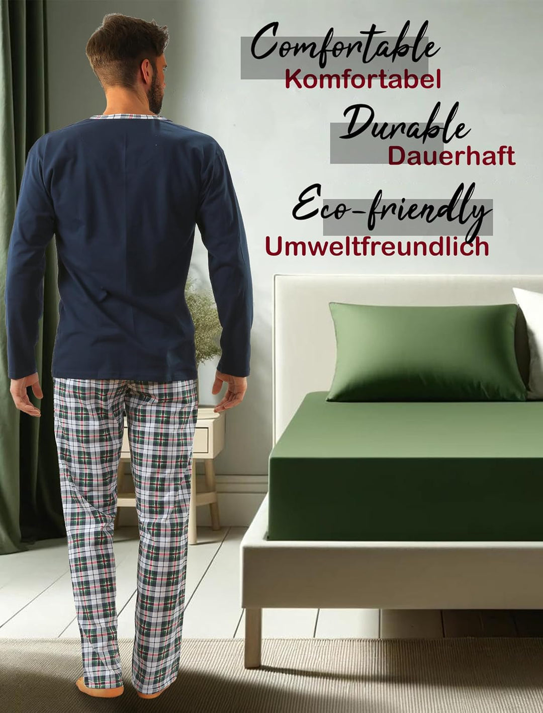 sesto senso Herren Schlafanzug Lang Baumwolle Pyjama Langarm Shirt mit Tasche Pyjamahose Zweiteilig