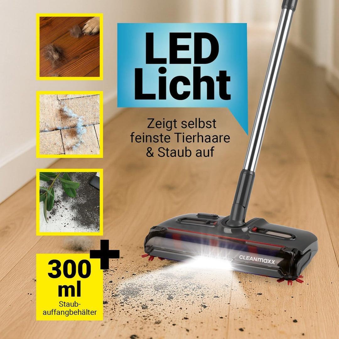 CLEANmaxx Akkubesen kabellos | Bodenfeger mit 1.200 U/min & 4 Bürsten | inkl. LED-Licht | Anti-Haar-