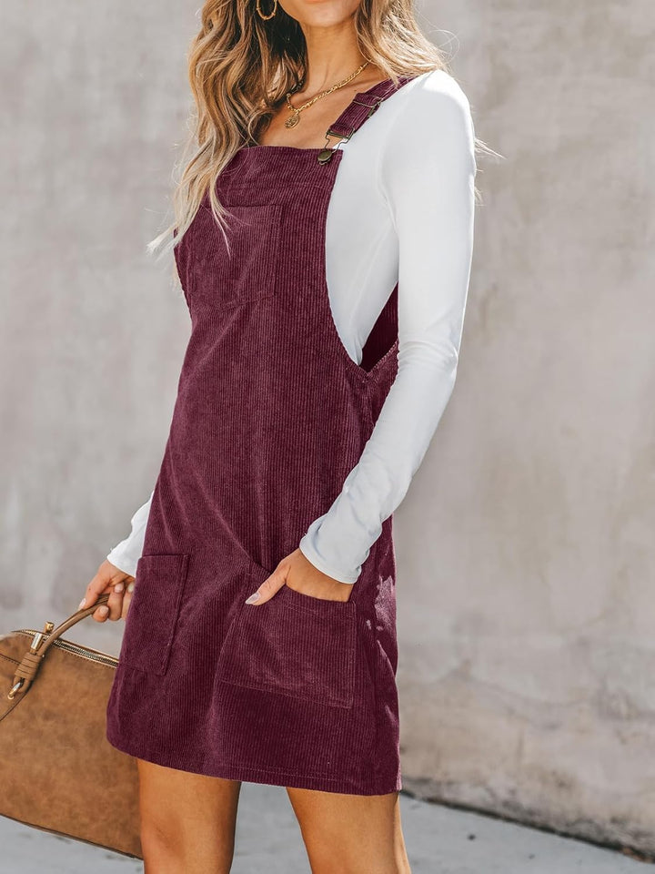 CUPSHE Damen Latzrock Quadratischer Ausschnitt Hosenträger Taschen Cord Latzkleid Overallkleid Freiz