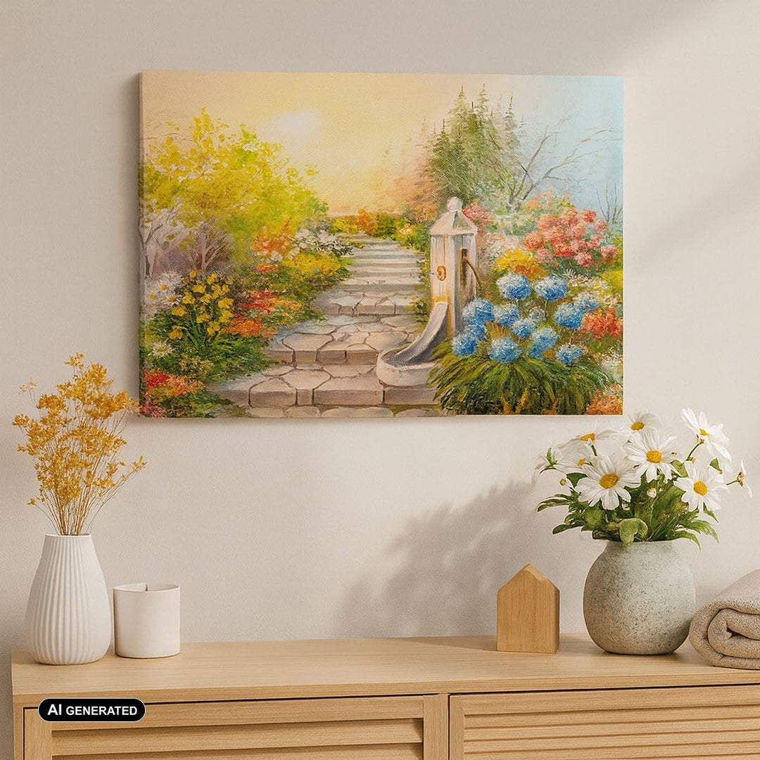 ARTTOR Bilder auf Leinwand 100x70cm Leinwandbild Garten Blumen Sommer Gross Wanddeko Bild Schlafzimm