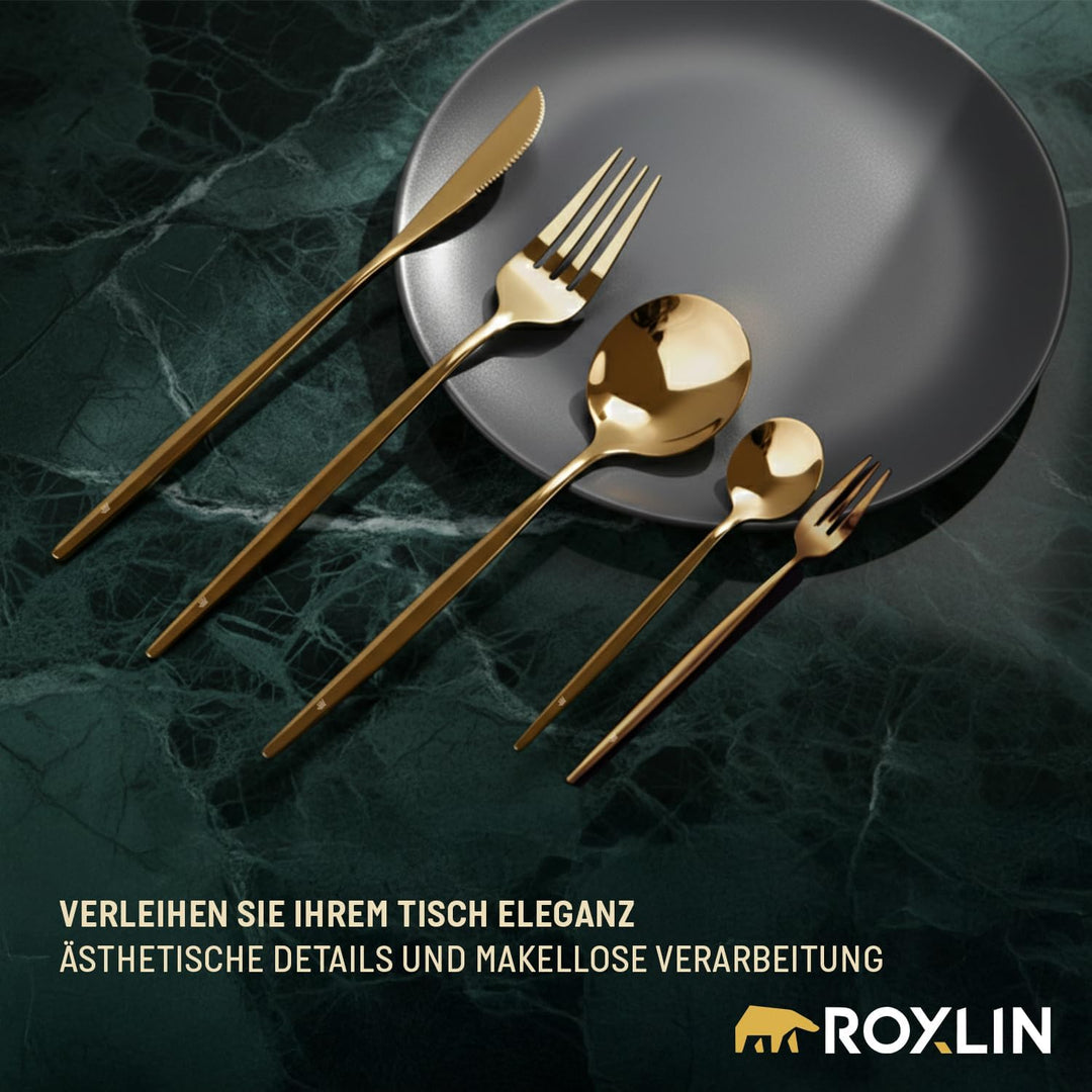 Premium Besteckset, 30-teilig, Gold, Edelstahl, Spülmaschinenfest, Elegantes Design, Tafelbesteck fü