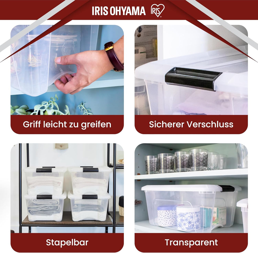 Iris Ohyama, 6er-Set, Aufbewahrungsboxen, 15 L, mit Clips, stapelbar, Wohnzimmer, Schlafzimmer, Gara