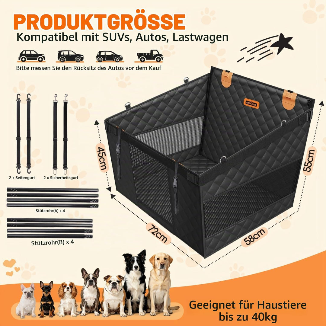 Nobleza Hundeautositz L72 x B58 x H55cm Schwarz | Rücksitzverlängerung Verstärkt für Mittlere Hunde