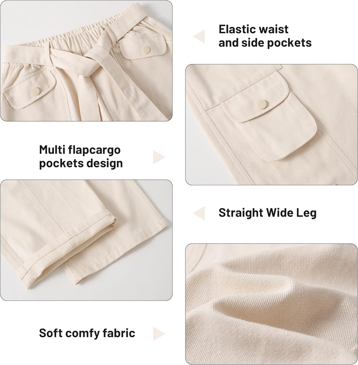 Rolanko Mädchen Baggy Cargo Hose, Elastisch Hohe Taille Gerade Weites Bein Streetwear Jeans mit Mehr