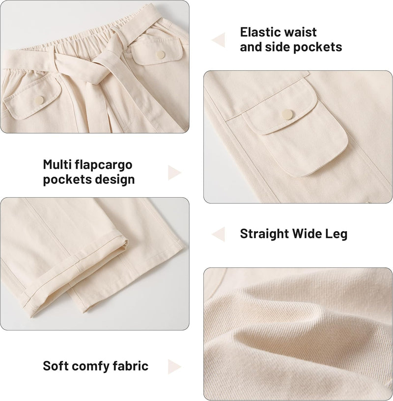 Rolanko Mädchen Baggy Cargo Hose, Elastisch Hohe Taille Gerade Weites Bein Streetwear Hose mit Mehre