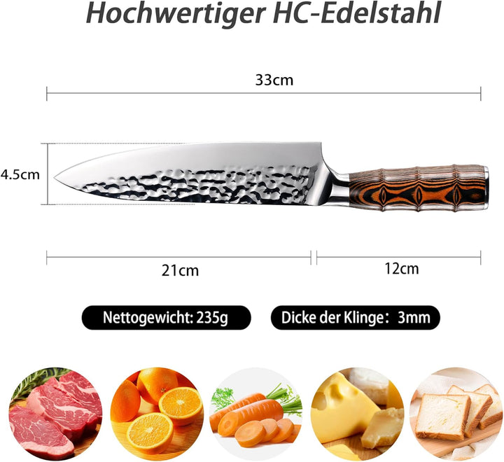 Kitory Kochmesser 20cm, Profi Chefmesser mit gehämmerter Klinge, Bambusförmiger Griff, Deutscher HC