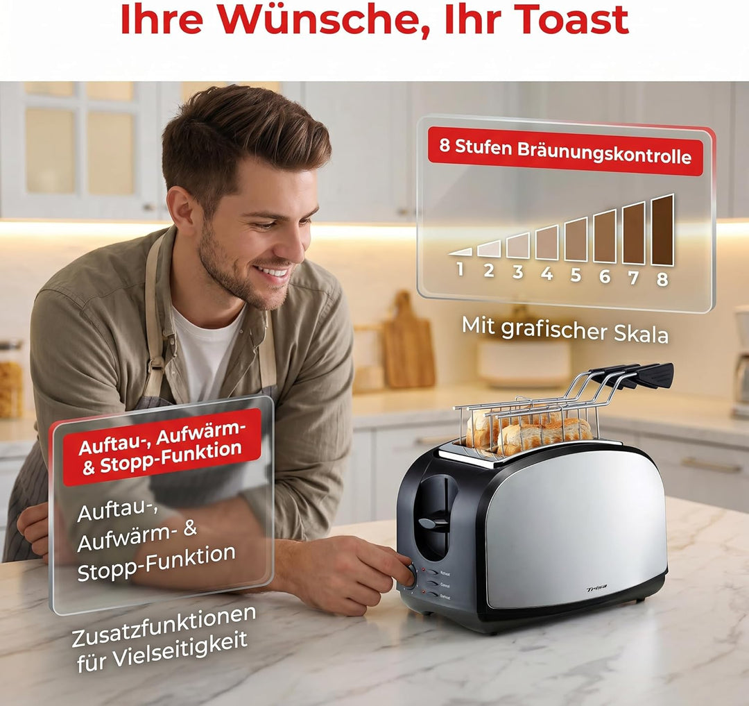 Trisa Toaster 2 Scheiben - 8 Bräunungsstufen, Edelstahlgehäuse, 600W Schnellaufheizen，Toaster mit Br